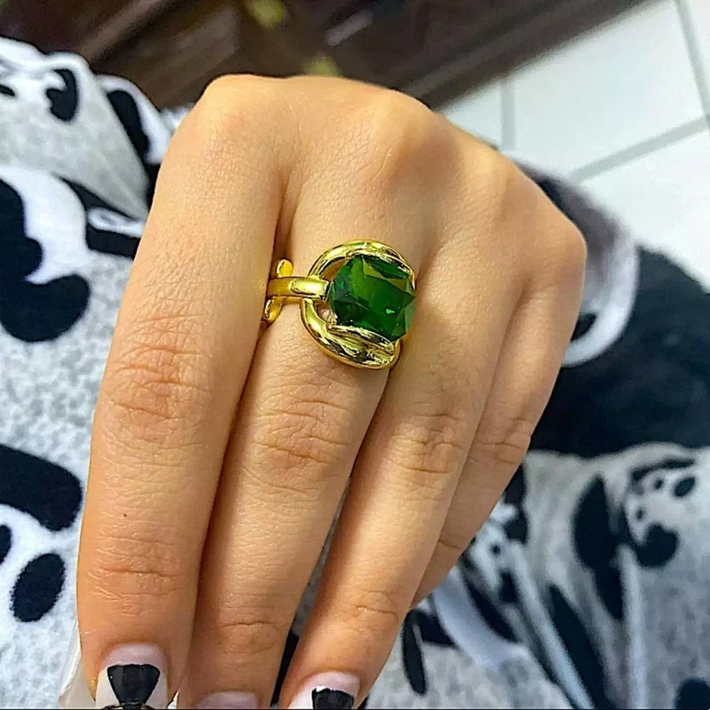 NEW GOLD 18K PLATED EMERALD GREEN ADJUSTABLE RESIZABLE RING